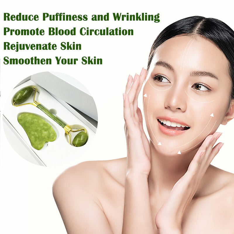 [Australia] - Jade Roller Gua Sha, Green Face Roller Skin Care Tools Lymphatic Drainage Scraping Massage Stone Guasha Tool for Face Neck and Eye Treatment 