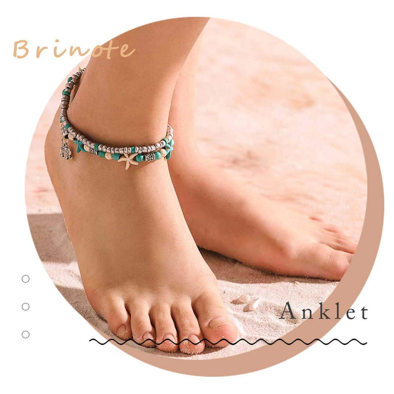 [Australia] - Brinote Boho Layered Beads Anklets Silver Starfish Ankle Bracelet Beach Turquoise Foot Chain Jewelry for Women and Girls (Elephant) Elephant 