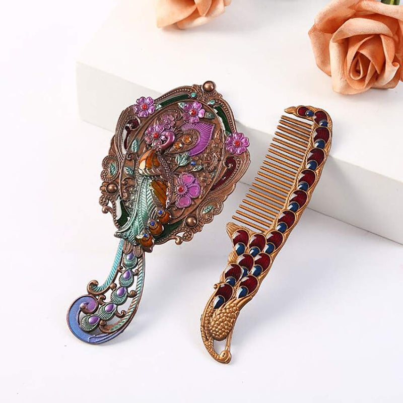 [Australia] - Nerien Women's Antique-Style Zinc Alloy Peacock Russian Style Cosmetic Mirror Vanity Mirror Handle Mirror Set with Comb Copper 