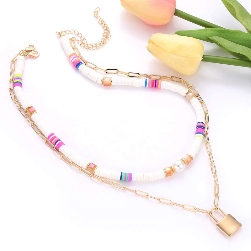 [Australia] - NVENF Heishi Bead Surfer Choker Necklace Layered Paperclip Chain Necklace Set Rainbow Vinyl Disc Bead Necklaces Lock Pendant Necklace for Women Girls Summer Beach Accessory White 