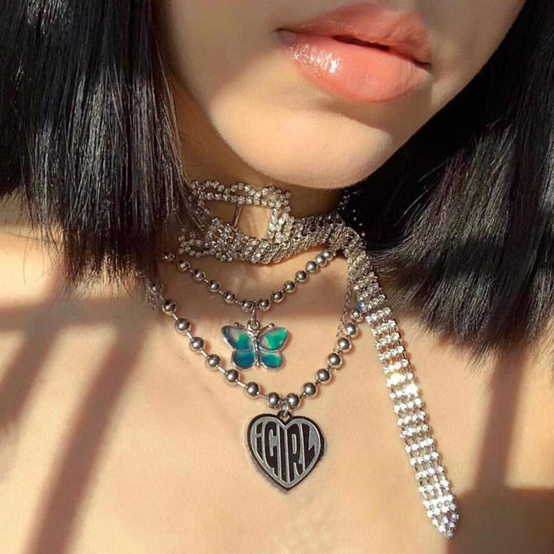 [Australia] - Womens iGirl Heart Pendant Necklace - Double Side Letter Necklace Stainless Steel Harajuku Female Symbol Gothic Streetwear Chain Necklace for Girls Heart Shape 