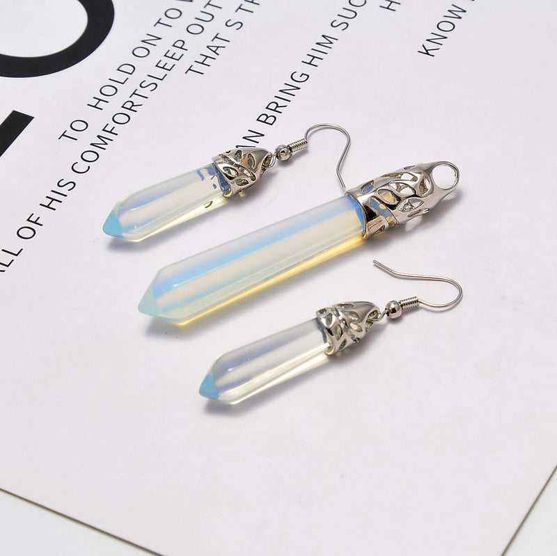 [Australia] - Natural Gemstones Hexagonal Pointed Reiki Chakra Pendant Necklace and Earring Set (White Opalite) White Opalite 