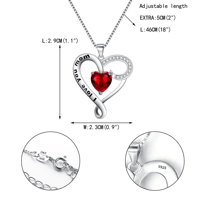 [Australia] - EVER FAITH Mother's Day Birthday Gift 925 Sterling Silver CZ"I Love You Mom" Heart Pendant Necklace Red 