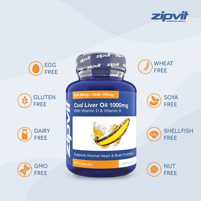 [Australia] - Cod Liver Oil 1000mg, 360 Capsules of High Strength Fish Oil, Rich in Omega 3. Supports Heart Health, Brain Health, Eye Health and Normal Blood Pressure 