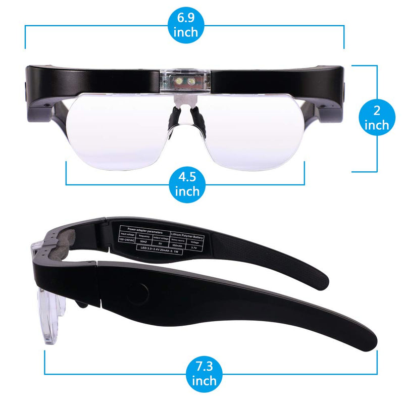 [Australia] - Head Magnifier Glasses with 2 LED Lights USB Charging Magnifying Eyeglasses for Reading Jewelry Craft Watch Repair Hobby, Detachable Lenses 1.5X, 2.5X, 3.5X,5X(Black) Headband Magnifier Glasses Usb Charging Black 