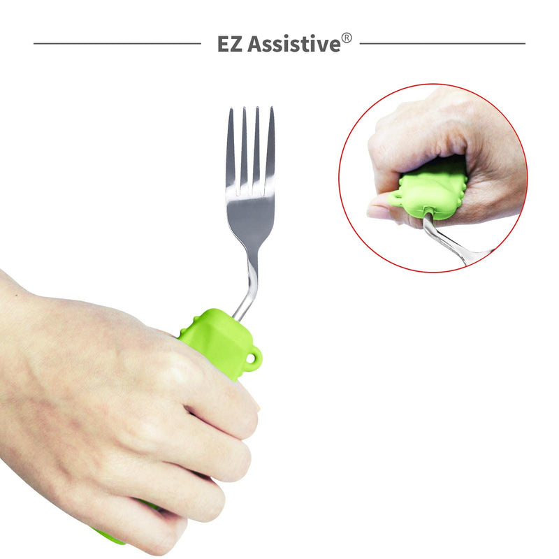 [Australia] - EZ Assistive Adaptive Spoon and Fork Easy to Hold for Independent Eating, Weighted Utensils for Hand Tremors (Green Fork Right Hand) Green Fork Right Hand 