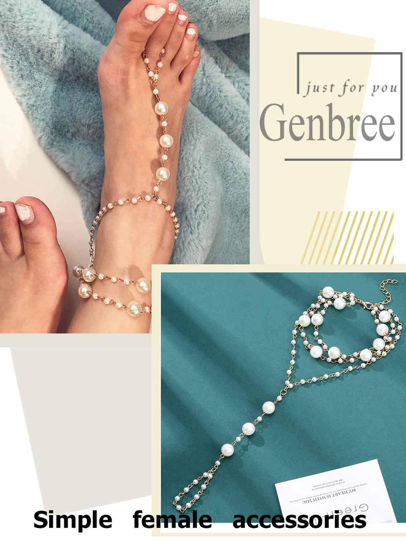 [Australia] - Genbree Pearl Barefoot Sandals Anklet Boho Layered Ankle Bracelets Toe Ring Wedding Summer Beach Foot Chain Gold for Women and Girls 1Pc 