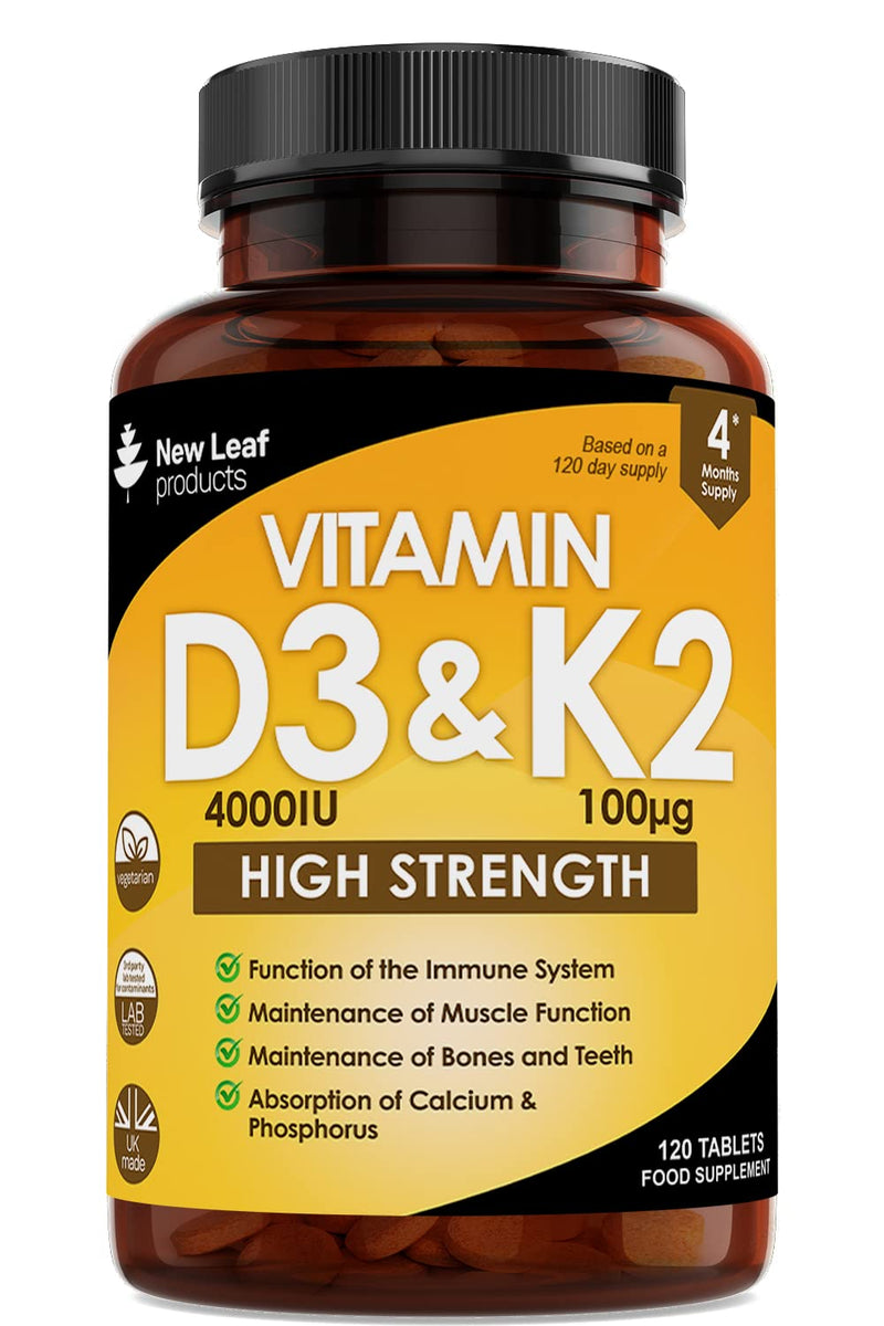 [Australia] - Vitamin D3 K2, Vitamin D3 4000iu + Vitamin K2 100mcg, 4 Months Supply, Supports Immunity, Calcium Absorption and Bone Health, Non-GMO, UK Made by New Leaf 120 Vegetarian Tablets, 