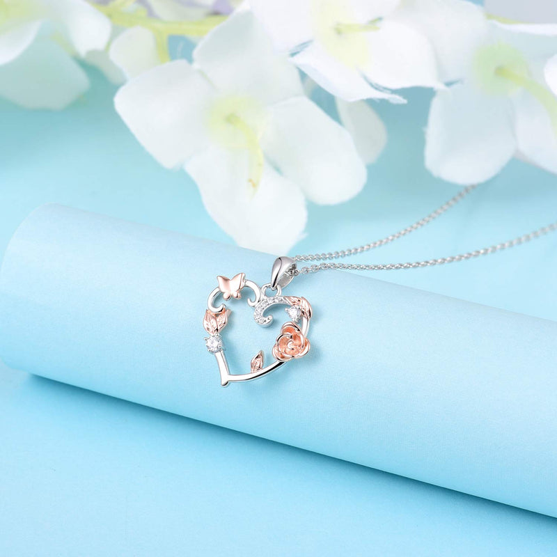 [Australia] - Rose Flower Pendant Necklace Sterling Silver Romantic Beauty&Beast Princess Mothers Day Valentine Christmas Birthday Gift Jewelry for Women Girls rose.butterfly.heart 