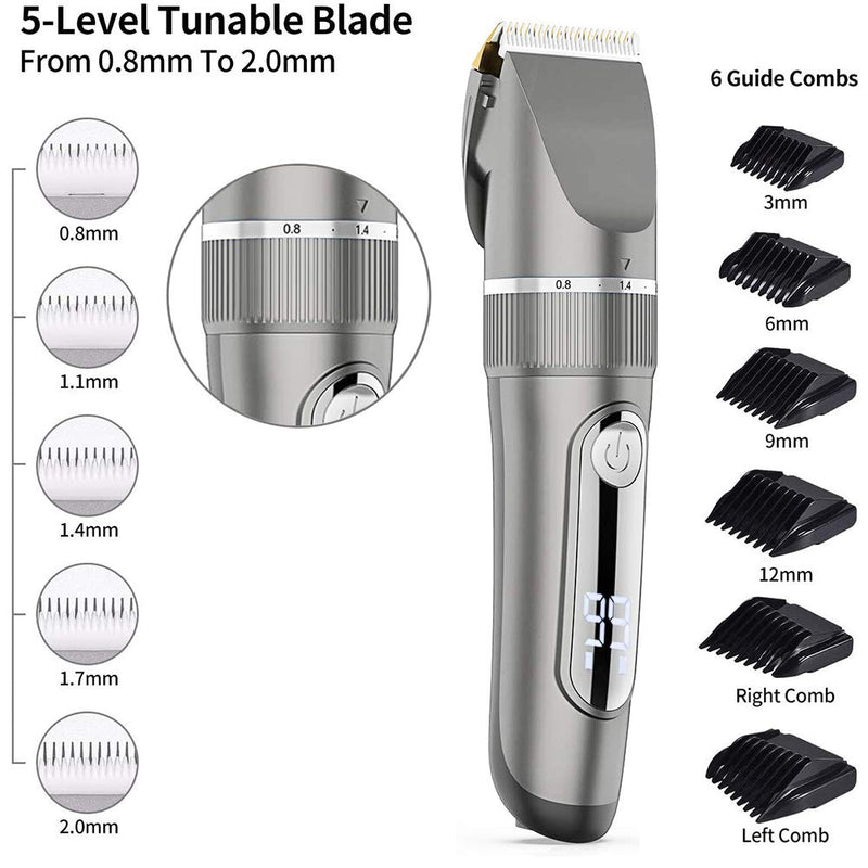 [Australia] - Hair Clippers for Men Kids,Hair Clippers and Hair Cutting Scissors Set, Professional Hair Trimmer Set Cordless Rechargeable Led Display Five Speed Adjustment Electric Hair Clippers with 6 Guide Combs Silver Gray 