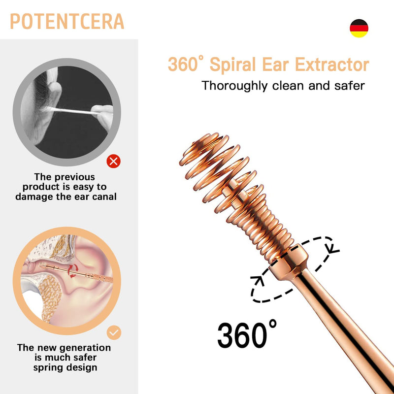 [Australia] - POTENTCERA 9Pcs Earwax Removal Tool, Earwax Removal Kit, Premium Ear Wax Remover for Kids Adults, Upgraded Stainless Ear Pick Set with Light, Rose Gold Spring Ear Wax Cleaner Tool Set 