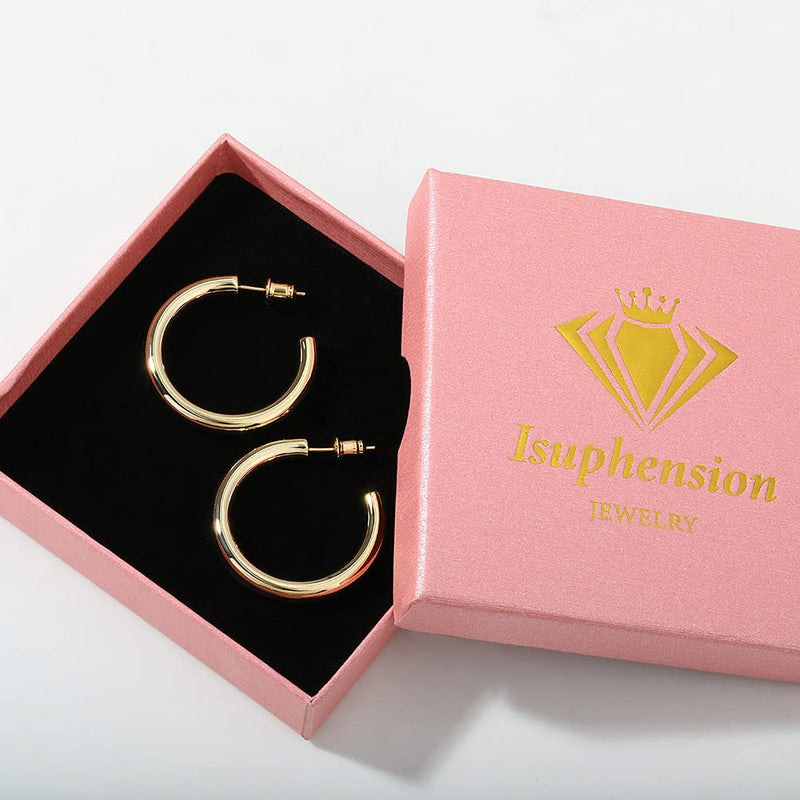 [Australia] - Isuphension 18K Gold Plated Hoop Earrings for Women, Lightweight Chunky Open Gold Hoops Earrings, 4mm Thick Gold Earrings for Girls Sensitive Ears 