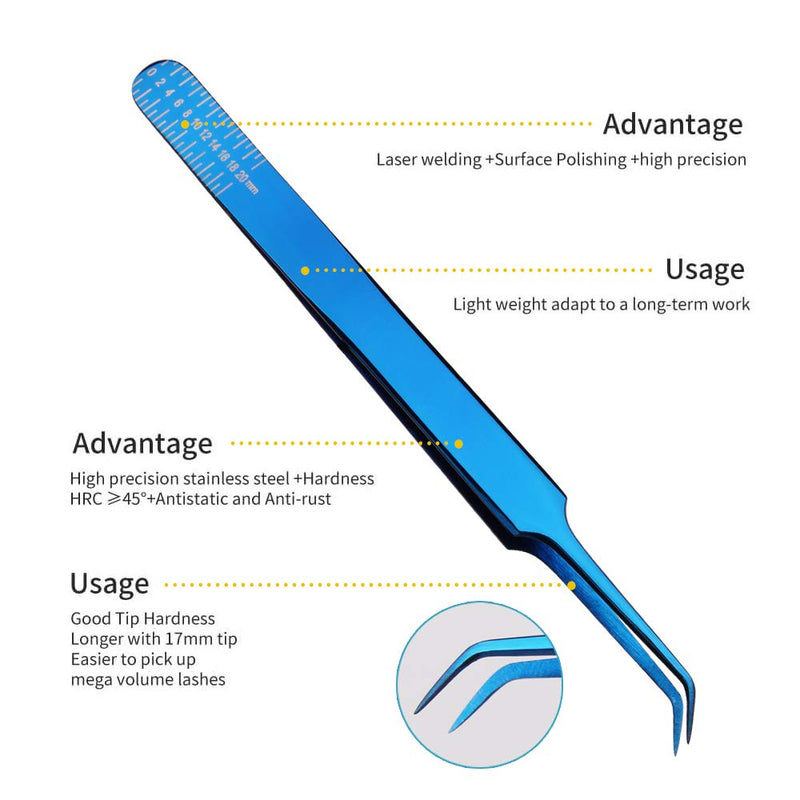 [Australia] - Libeauty Lash Curved Tweezers Eyelash Extension Tweezers Set for Individual and 1D-6D Lashes Volume l Professional Precision Lashing Tweezers with Premium PU Storage Case (Colorful) Blue 