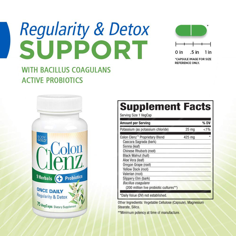 [Australia] - Body Gold Colon Clenz & Detox Overnight Formula | Once Daily with 9 Herbs + Active Probiotics | Weight Loss | Constipation Relief for Adults | Bloating Relief for Women & Men | 75 Servings, 75 CT 75 Count (Pack of 1) 