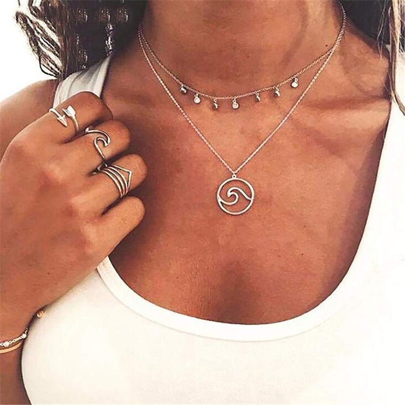 [Australia] - YOOE Stainless Steel Ocean Wave Necklace. Hawaii Surfing Sea Ocean Necklace, for Surfer Beachy Circle Pendant Necklaces Silver 