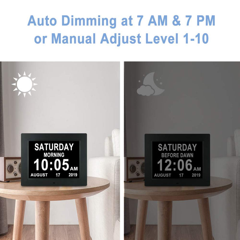 [Australia] - Digital Day Calendar Clock Non-Abbreviations Day Date Time 8 Alarm Options Dementia Alzheimer Impaired Vision Memory Loss Clocks for Senior Elderly 8 Inch Black 