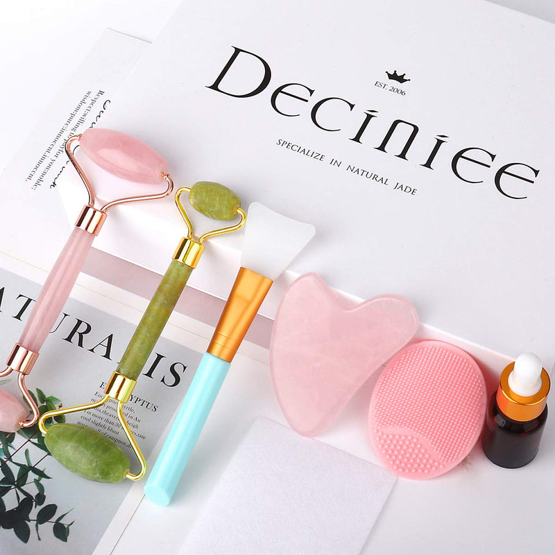 [Australia] - Deciniee Jade Roller for Face,Gua Sha Massage Tool,Rose Quartz Jade Roller and Gua Sha 6 in 1 Face Massager Women Gift Set,Anti-Aging Authentic Facial Beauty Roller-Rejuvenate Skin and Remove Wrinkles 