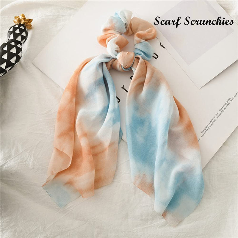 [Australia] - 3Pcs Scarf Scrunchies Chiffon Hair Scarves Elastic Dyeing Bowknot Hair Ropes Vintage Dyeing Hair Ties Hair Accessories for Women And Girls 