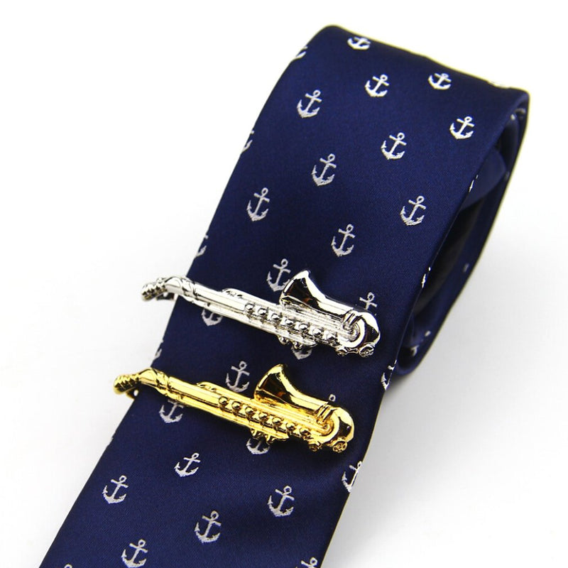 [Australia] - ZUNON Saxophone Tie Clips Sax Tie Bar Tacks Mens Silver Golden Tone Music Instrument Tie Clasps Musician Gifts 