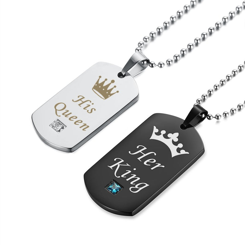 [Australia] - GAGAFEEL Couple Necklace Crown Tag Queen King & His Hers Stainless Steel Pendant Matching Set Lover Gift Silver+Black 