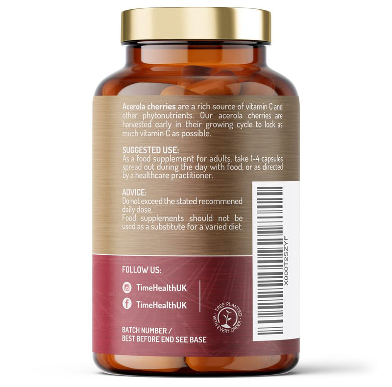 [Australia] - Acerola Cherry Extract Capsules - Natural & Wholefood Vitamin C - UK Manufactured - Zero Stearates or Flow Agents (120 Capsule Pouch) 120 Count (Pack of 1) 