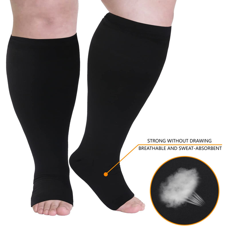 [Australia] - Plus Size Compression Socks Wide Calf Compression Socks for Women Men Medias de Compresion para Mujer Circulation Support 20-30 mmHg Knee High Medical Pro Toeless Open Toe Compression Socks Women Men Black 4X-Large 