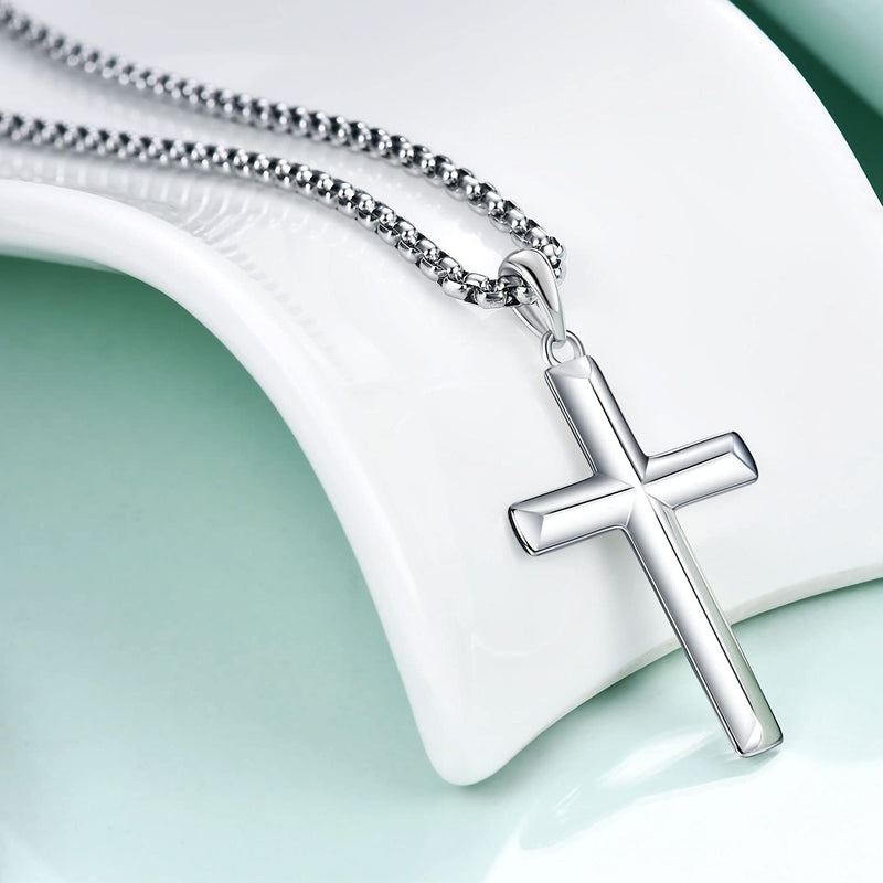 [Australia] - Men's Sterling Silver Cross Pendant Necklace with Stainless Steel Chain,Fine Jewelry for Men Boys 22.0 Inches 