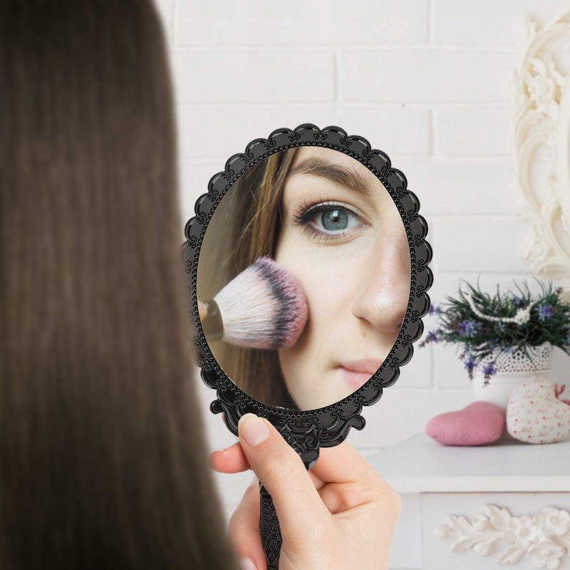 [Australia] - Vintage Handheld Mirror, YUSONG Small Hand Held Decorative Mirrors for Face Makeup Embossed Flower Portable Antique Travel Personal Cosmetic Mirror with Powder Puff (Black) Black 