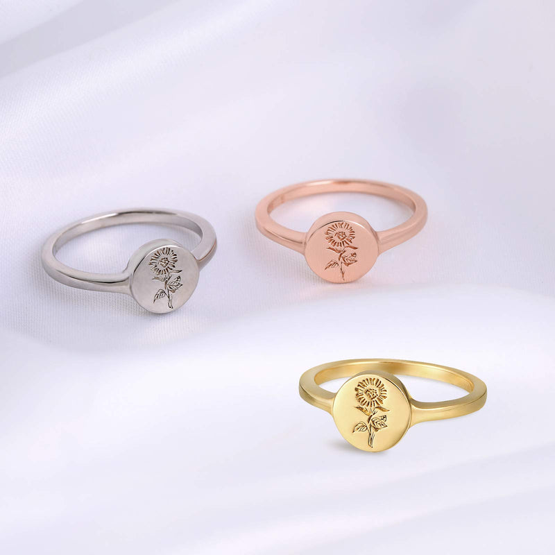 [Australia] - YeGienor Handmade Flower Signet Ring -18K Gold Over 925 Sterling Silver-Minimalistic Statement Ring with Botanical Engraved- Delicate Jewelry Gift for Women/Girls Rose- Gold 5 