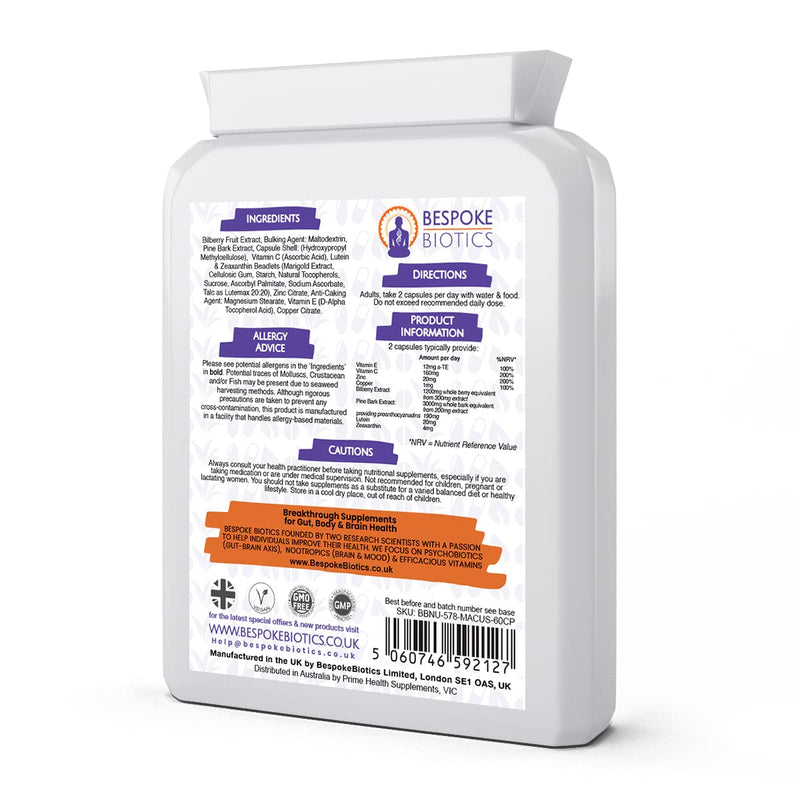 [Australia] - MACUSOOTHE Eye Complex Premium Vision Support, Eye Pressure, Age Related, Blue Light (from Smartphones) | Contains Zeaxanthin, Lutein, Bilberry & Pine Bark | UK Made | GMP Standards 