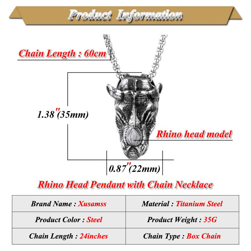 [Australia] - Xusamss Punk Rock Titanium steel Animal Rhino Head Pendant Necklace,24inches Link Chain White 