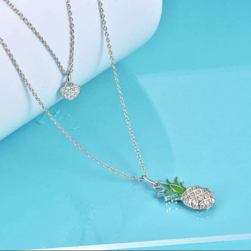 [Australia] - Pineapple Necklace Sterling Silver Layered Love Heart Pineapple Pendant Necklace Jewelry Gift for Women Teens Girls Layered pineapple necklace 