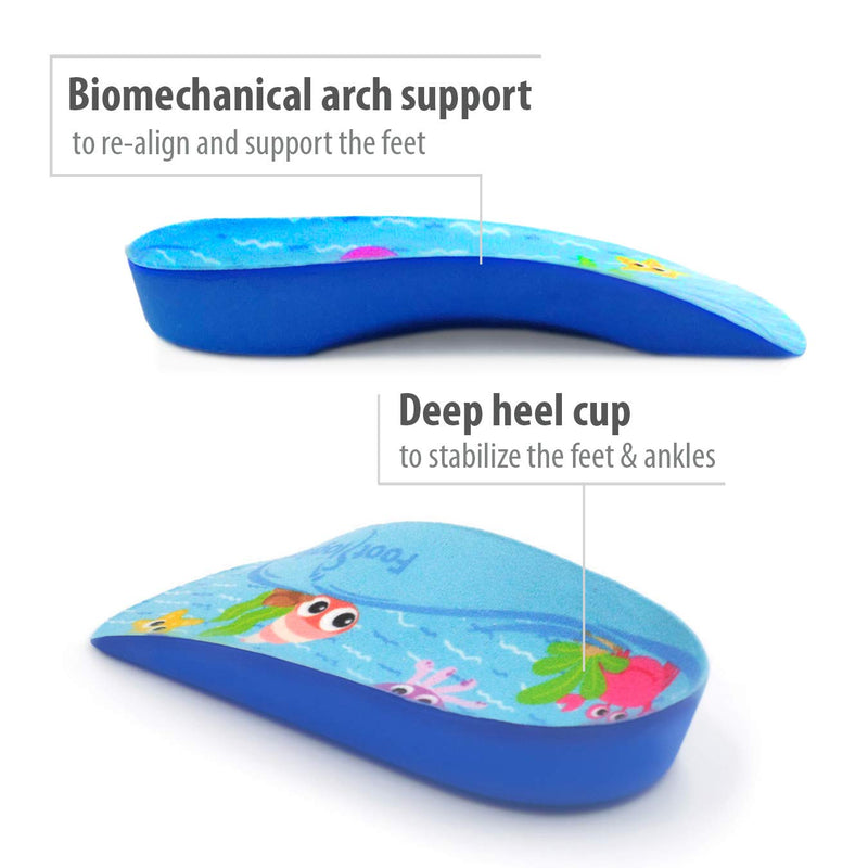 [Australia] - Footlogics Fun Kids Orthotic Shoe Insoles with Arch Support for Children’s Heel Pain (Sever’s Disease), Growing Pains, Flat Feet - Children’s, Pair 3/4 Length (Kids 1-3, Blue) Kids 1-3 3/4 Length - Blue 