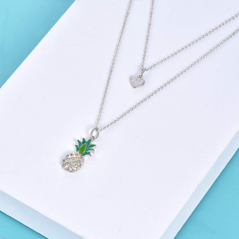 [Australia] - Pineapple Necklace Sterling Silver Layered Love Heart Pineapple Pendant Necklace Jewelry Gift for Women Teens Girls Layered pineapple necklace 