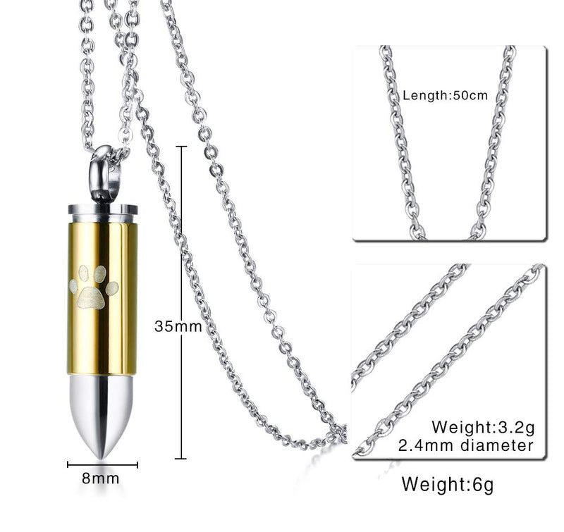 [Australia] - BEANS Stainless Steel The Bullet Urn Necklace for The Dog paw Keepsake Memorial Cremation Jewelry Gold 