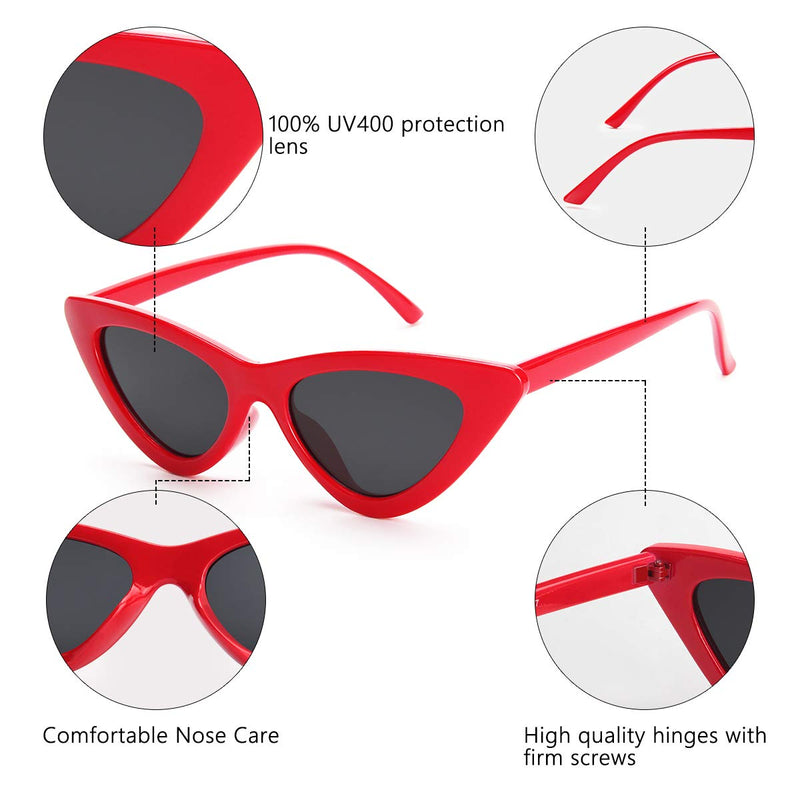 [Australia] - Livhò Retro Vintage Narrow Cat Eye Sunglasses for Women Clout Goggles Plastic Frame A-red Frame + Grey Lens 