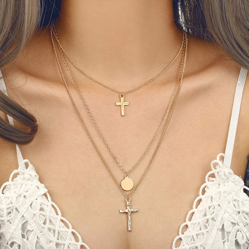 [Australia] - Zehory Boho Layered cross Necklaces Gold Sequin Jesus Pendant Necklace Chain for Women and Girls 