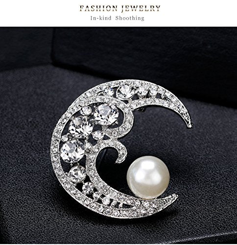 [Australia] - Dwcly Sparkling Crystal Cresent Moon Big Freshwater Pearl Brooch Pin Wedding Party Banquet Jewelry 