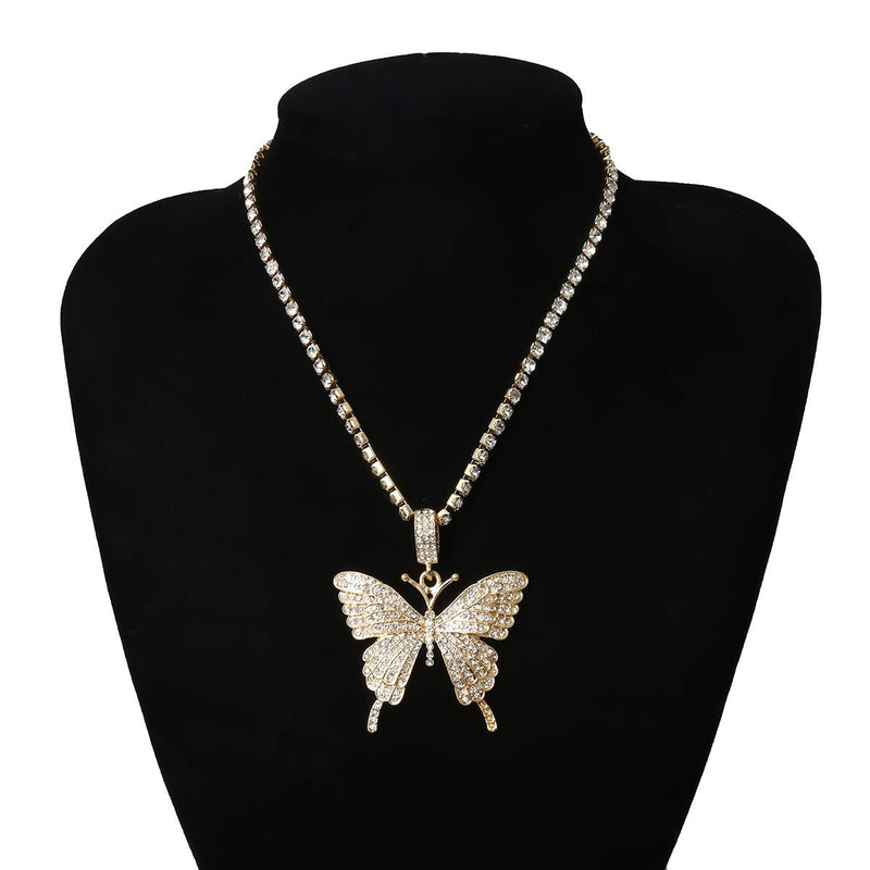 [Australia] - The Woo's Rhinestone Butterfly Necklace Tennis Chain Hip Hop Bling Animal Butterfly Iced Out Crystal Collar Butterfly Pendant Necklace for Women Girl Rock Jewelry gold 