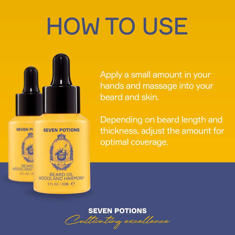 [Australia] - Seven Potions Premium Beard Oil for Men — Jojoba Oil Beard Softener to Nourish Skin, Hair, and Stop Beard Itch — All-Natural, Vegan, Cruelty Free — Woodland Harmony Scent (30ml) Amber 