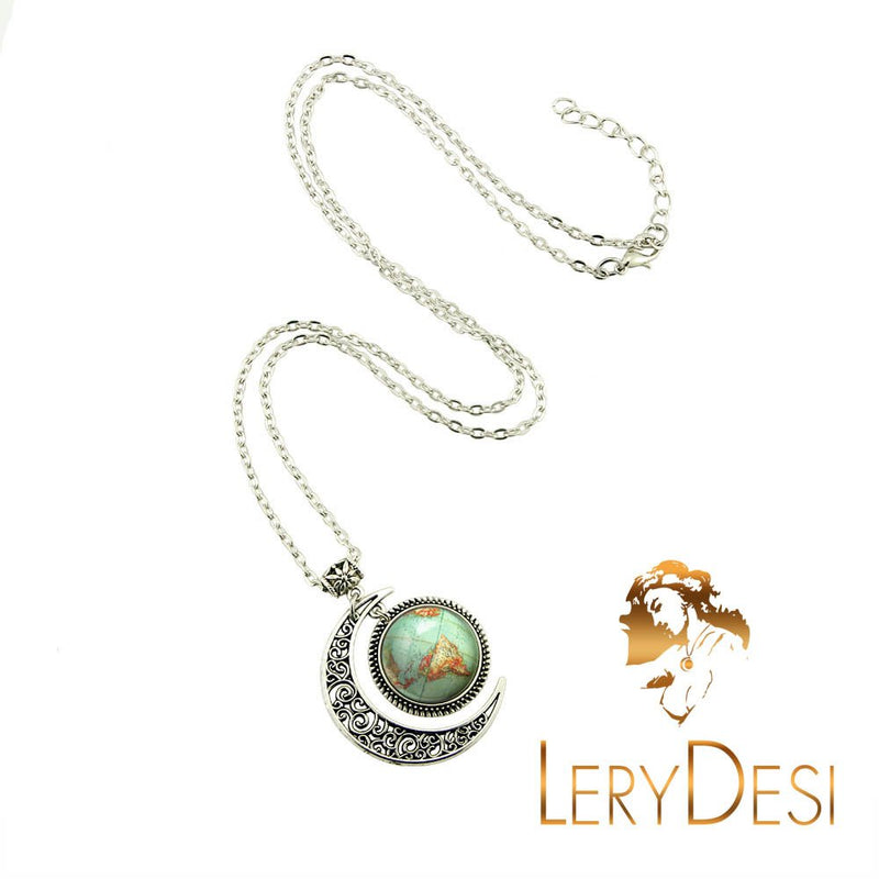 [Australia] - Moon jewelry Vintage Globe necklace Planet Earth World Map Art pendant World Map necklace BFF Gifts 18 inch 