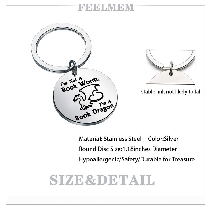 [Australia] - FEELMEM Book Lover Gift Reading Lover Gift Book Keychain I'm Not A Book Worm I'm A Book Dragon Literary Reading Jewelry Book Club Keyring Gift for Book Lover Reader Bibliophile Librarian silver 