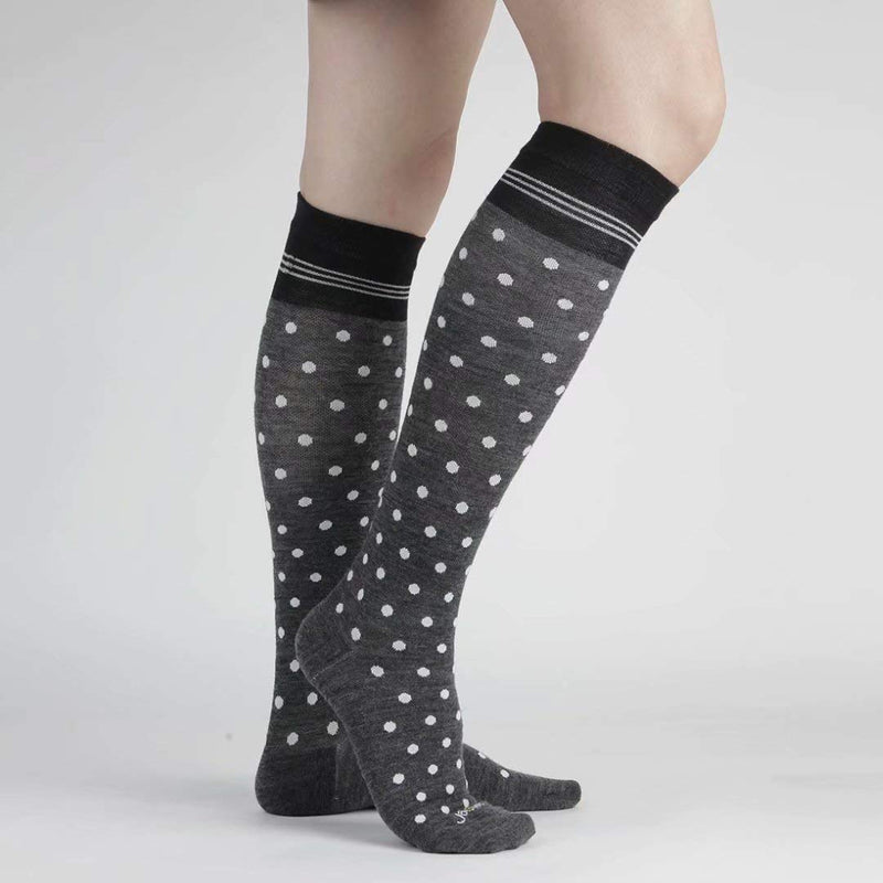 [Australia] - JAVIE Comfy Merino Wool Socks for Women & Men Graduated Compression Socks (15-20mmHg) Knee High Compression Stockings Small Grey/White Dots 