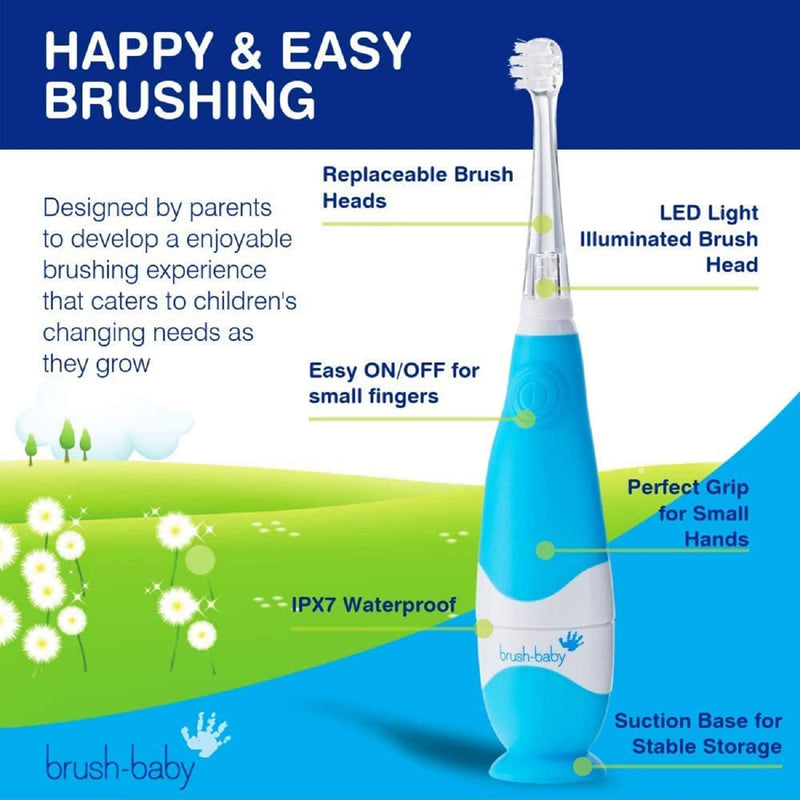 [Australia] - Brush Baby BabySonic Infant and Toddler Electric Toothbrush for Ages 0-3 Years - Smart LED Timer and Gentle Vibration Provide a Fun Brushing Experience (Blue) Blue 