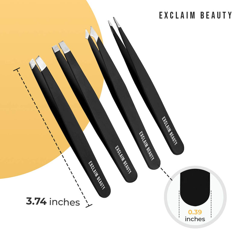 [Australia] - EXCLAIM BEAUTY Tweezers for Women & Men Pack of 4 Stainless Steel Tweezers Set, Precision Tweezers for Eyebrows Splinter Ingrown Hair Removal Tweezers Kit for Women with Leather Case – Matte Black 