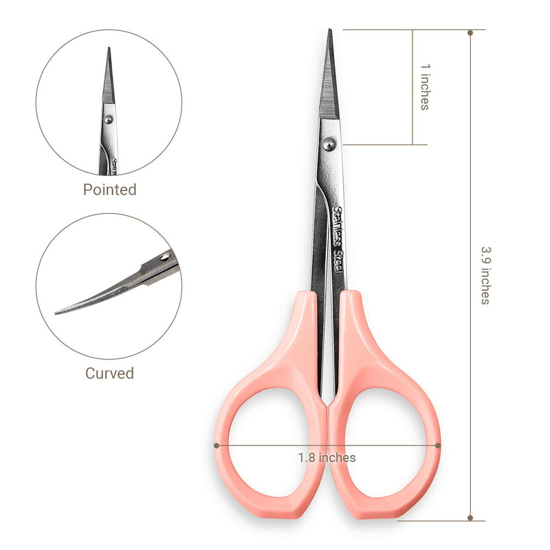 [Australia] - Humbee, Stainless Steel Hair Grooming and Trimming Scissors Set, For Facial Hair, Nose Hair, Eyebrow Scissors, Eyelash Scissors, Mustache, and Beard (Curved Edge, Pink Short Cap) Curved Edge 