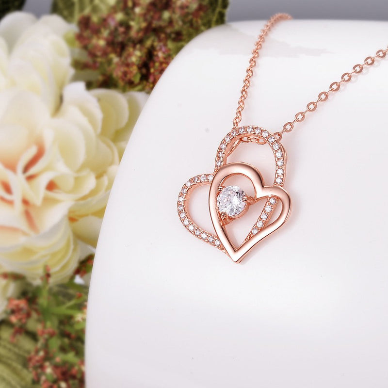 [Australia] - EVER FAITH Women's 925 Sterling Silver CZ Interlocking Open Heart Adjustable Pendant Necklace Clear Rose Gold-Tone 