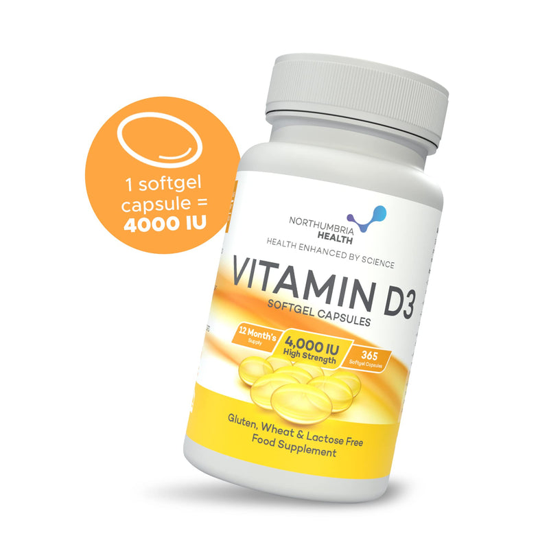 [Australia] - Vitamin D3 Softgels 4,000iu, Maximum Strength, 365 Easy to Swallow Softgels (1 Year Supply) Immune Support, Healthy Bones, Made in The UK by Northumbria Health 