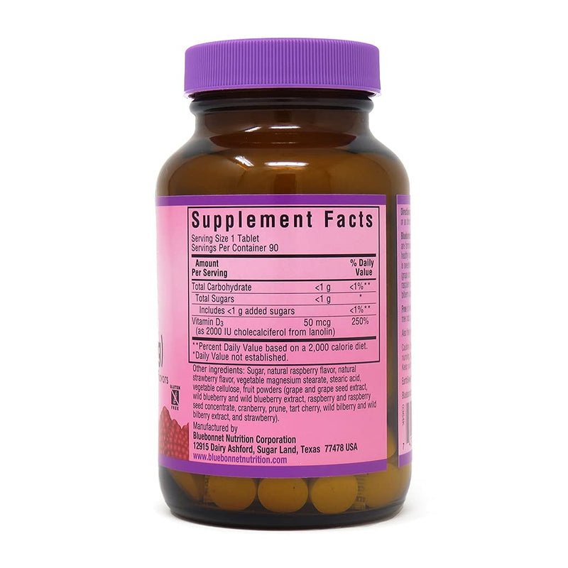 [Australia] - Bluebonnet Nutrition Earth Sweet Vitamin D3 2000 IU Chewable Tablets, Aids in Muscle and Skeletal Growth, D3, Non GMO, Gluten, Free, Soy Free, Milk Free, Kosher, 90 Chewable Tablets, Raspberry Flavor 