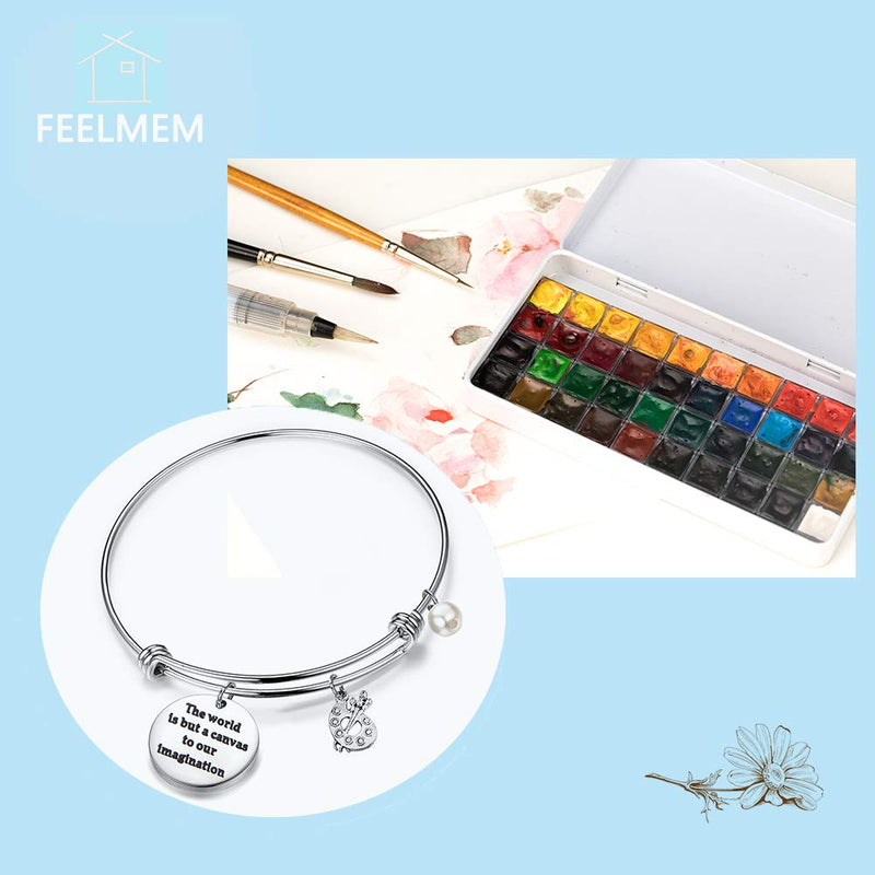 [Australia] - FEELMEM Artist Keychain Painter Gift The World is But A Canvas to Our Imagination Keychain with Paint Palette Charm Paint Jewelry Gift for Artist Bangle Bracelet 